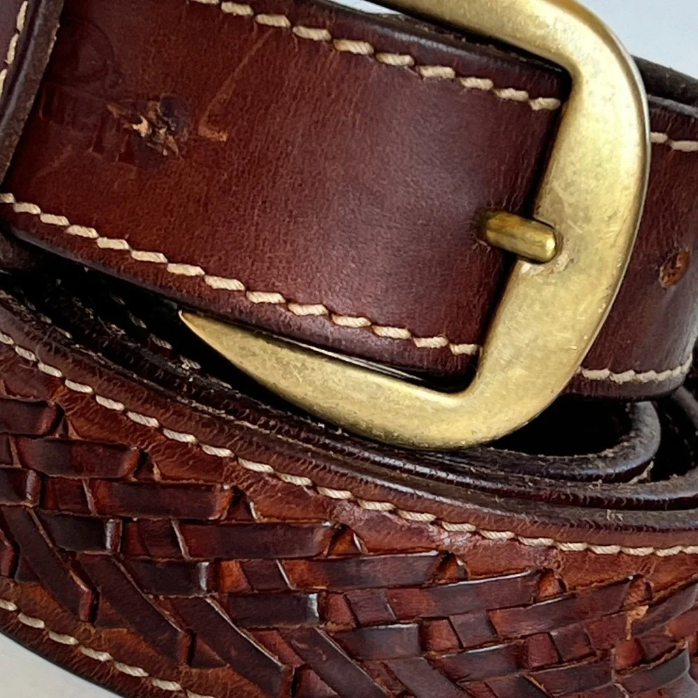 Llanero Brown Leather Weave Pattern Belt w/ Brass Buckle Casual Western Utility